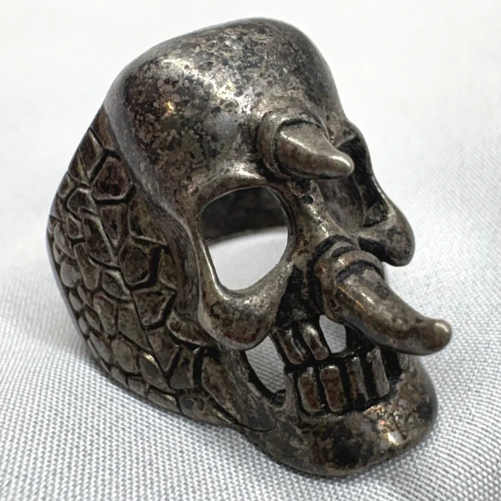 G&S Jewelry Horned Skull Ring Mens Size 12 Silver Tone Good Vintage Biker Horns
